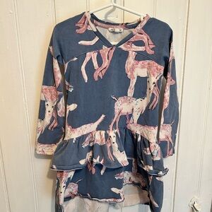 Art & eden 3t pink & blue deer long sleeve vneck ruffle dress